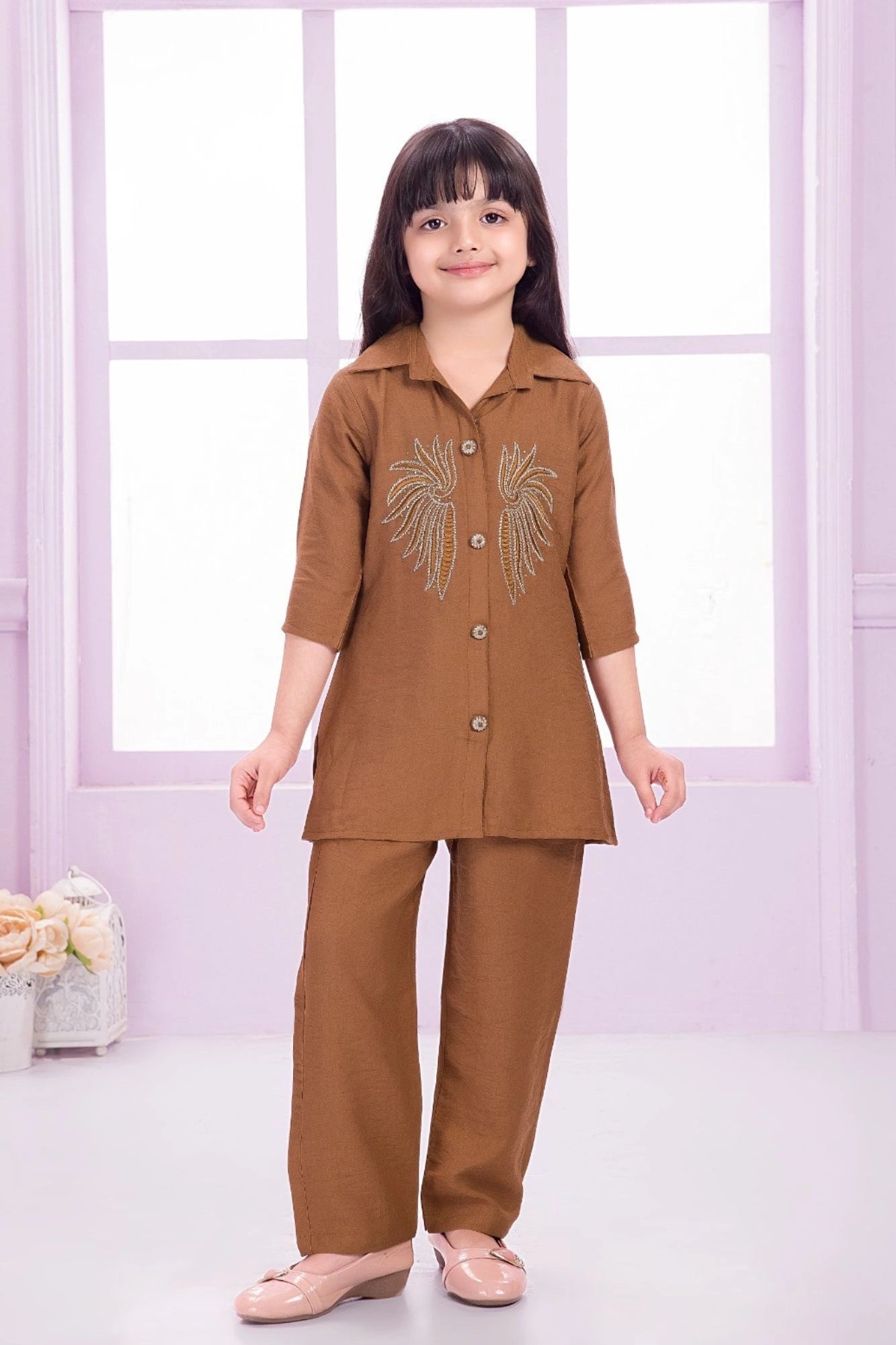 Brown Casual Top With Matching Straight Pant Set For Girls
