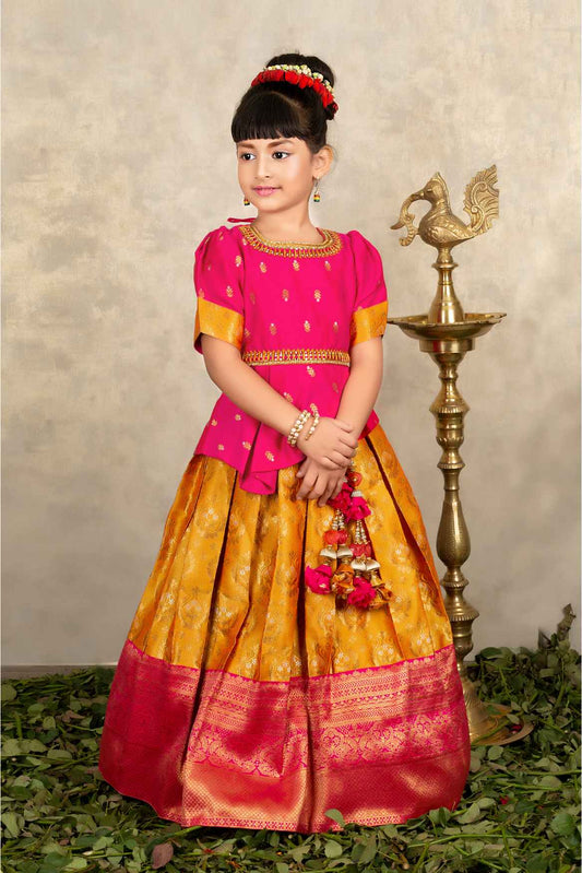 Pink And Orange Banarasi Silk Pattu Lehenga Choli Set For Girls