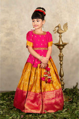 Pink And Orange Banarasi Silk Pattu Lehenga Choli Set For Girls