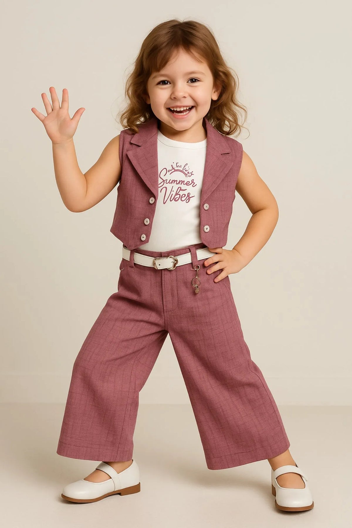 Pink Co-ord Set with Waistcoat And Belted Pants For Girls