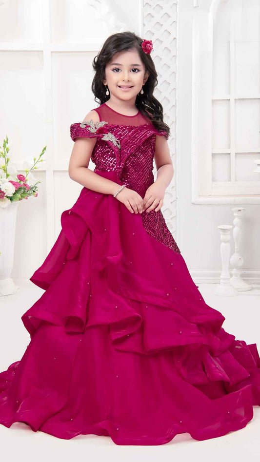 Designer Sequin Rani Pink Multilayer Party Gown For Girls