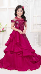 Designer Sequin Rani Pink Multilayer Party Gown For Girls