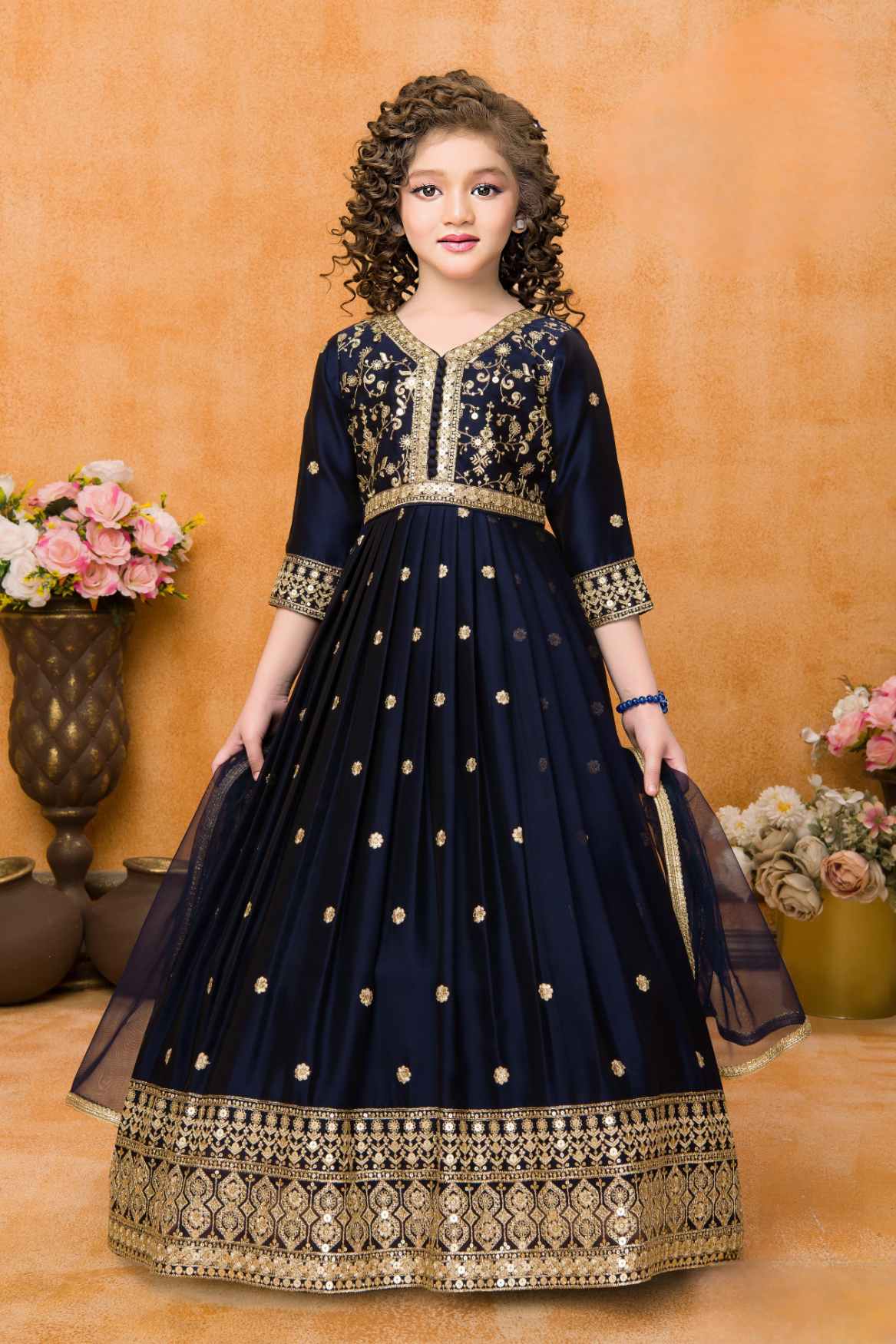 Navy Blue Sequins Work And Zari Embroidered Ethnic Gown For Girls