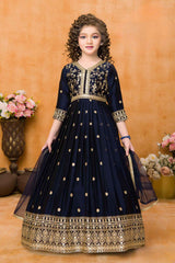 Navy Blue Sequins Work And Zari Embroidered Ethnic Gown For Girls
