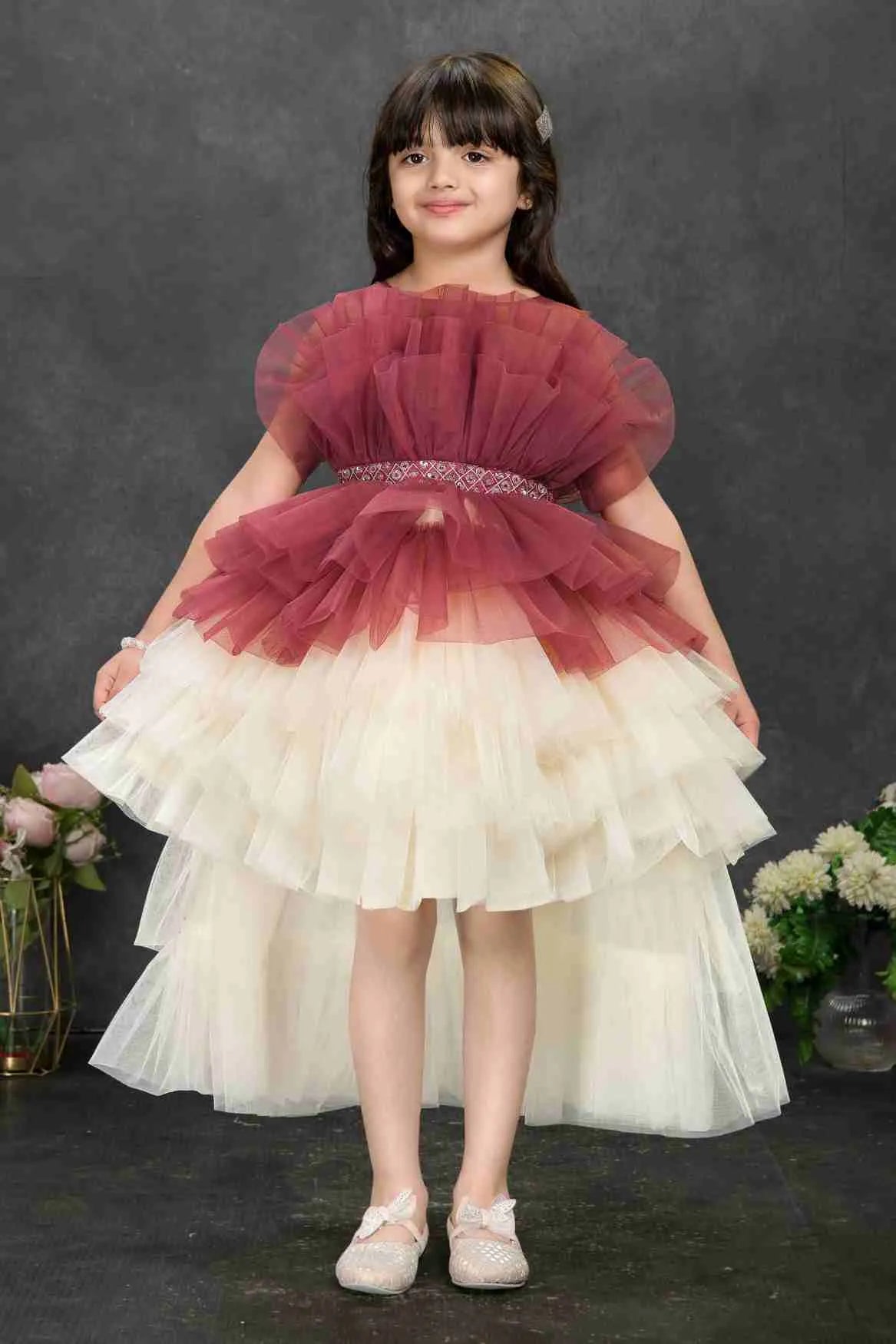 Maroon and Ivory Layered Tailback Party Dress For Girls