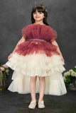 Maroon and Ivory Layered Tailback Party Dress For Girls