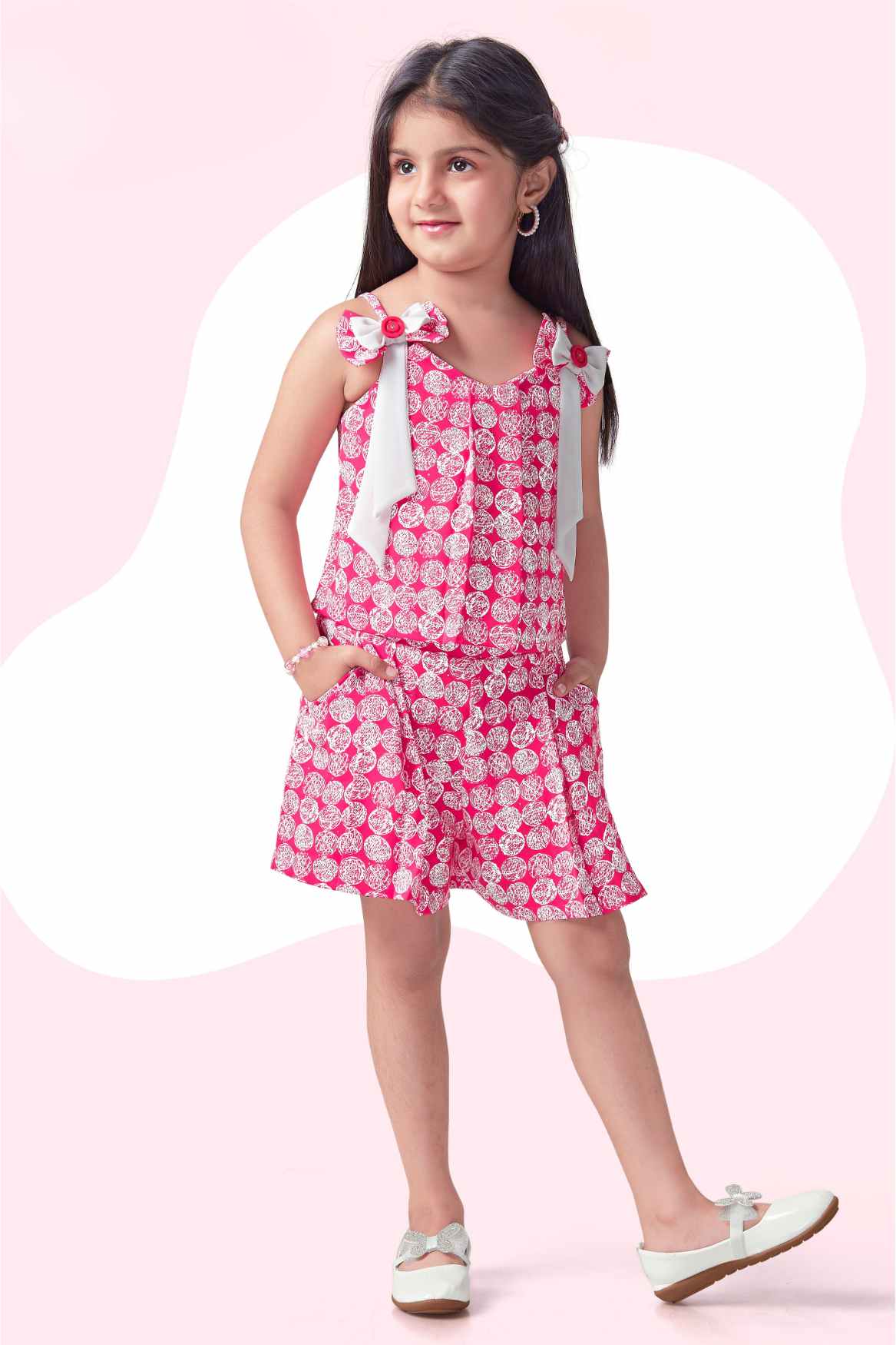 Trendy Pink Printed And Bow Embellished Top And Shorts Set For Girls
