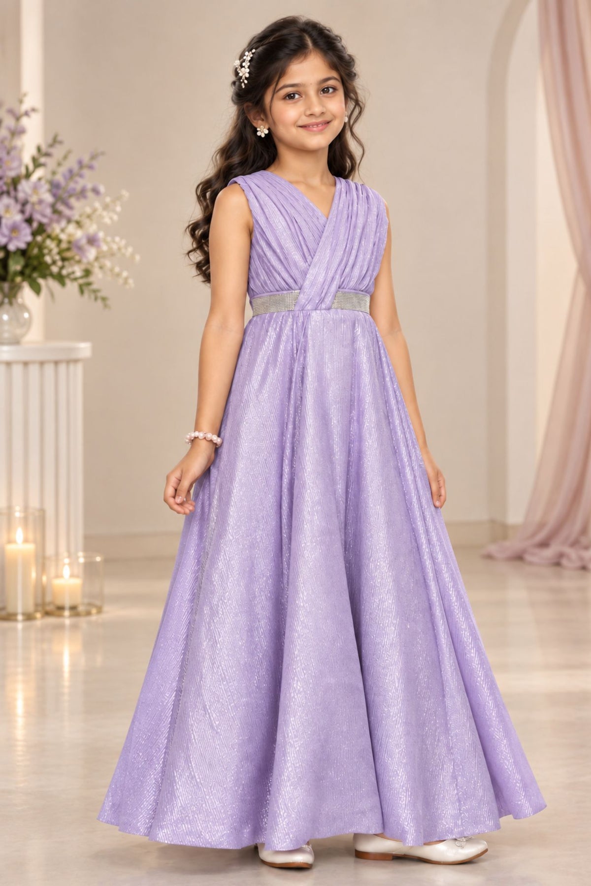 Elegant Sleeveless Lavender Shimmer Party Wear Gown For Girls