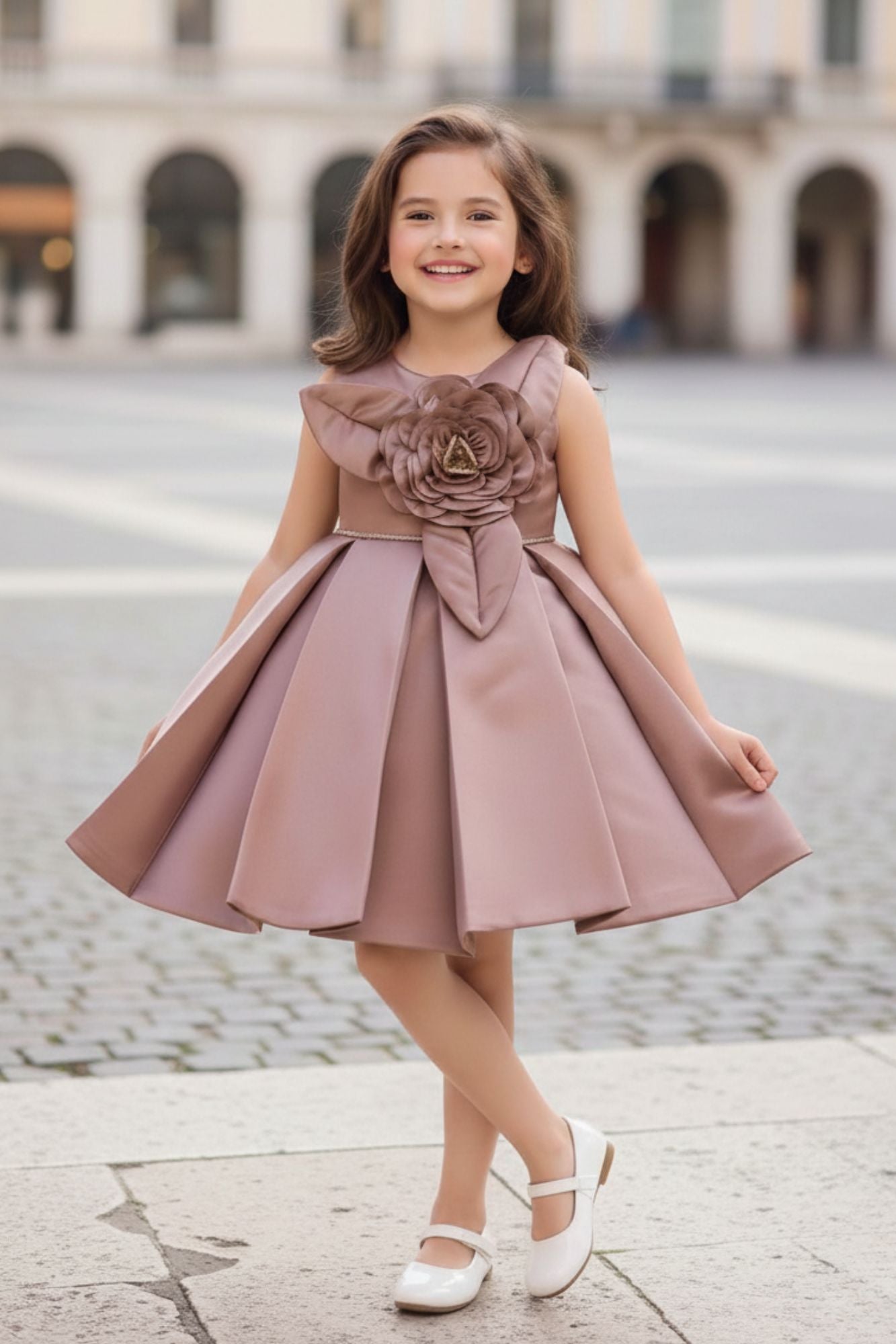 Copper Brown Floral Embellished Party Wear Frock For Girls