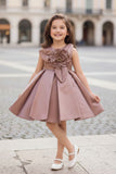 Copper Brown Floral Embellished Party Wear Frock For Girls