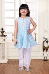 Blue Embroidered And Straight Kurta And Pant Set For Girls