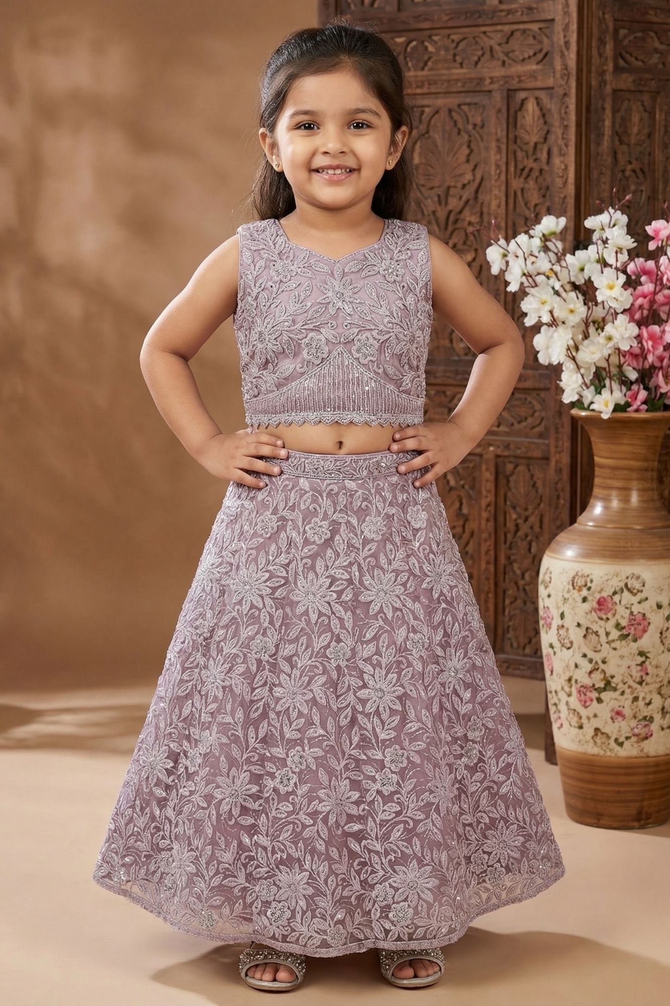 Onion Pink Embroidered Lehenga Choli with Sequin Work for Girls