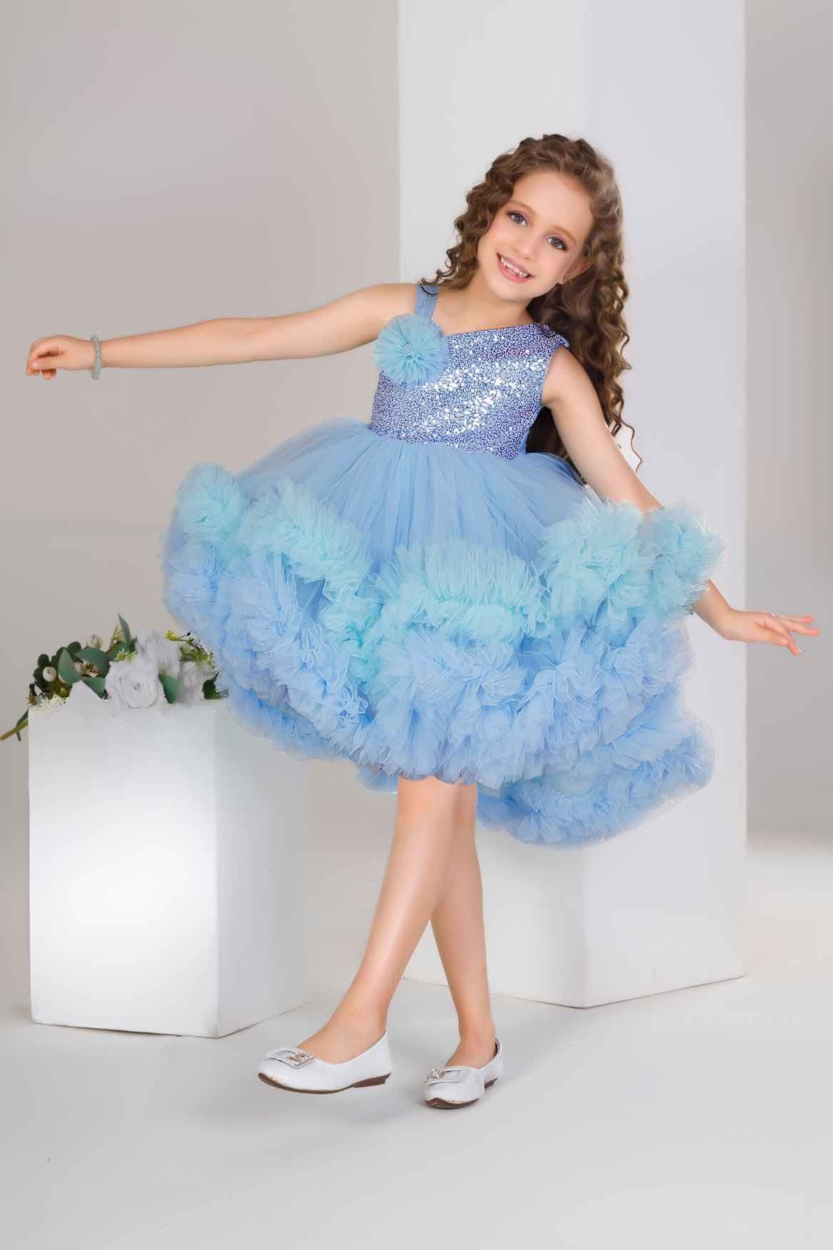 Blue Sequin Bodice Party Frock with Layered Ruffle Hem For Girls
