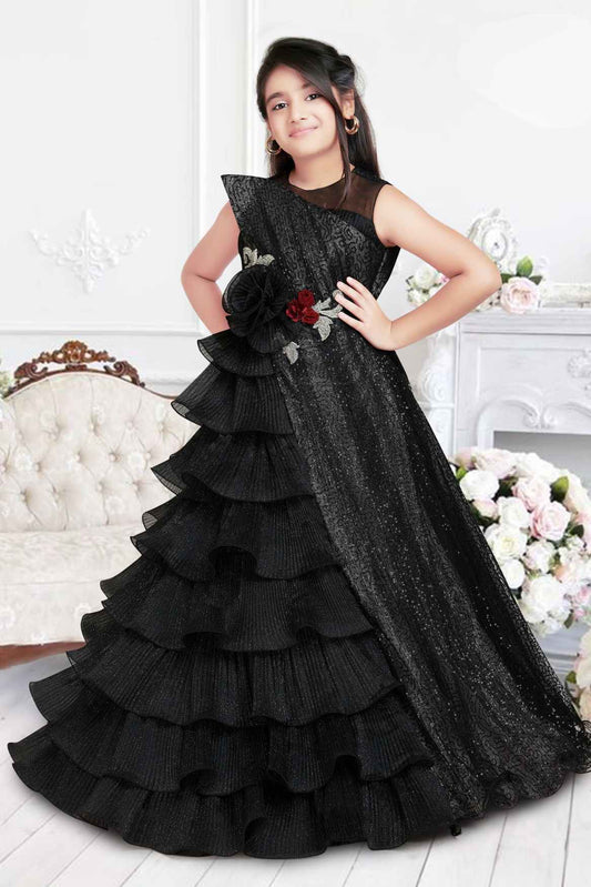 Black Shimmer And Sequin Designer Party Gown For Girls