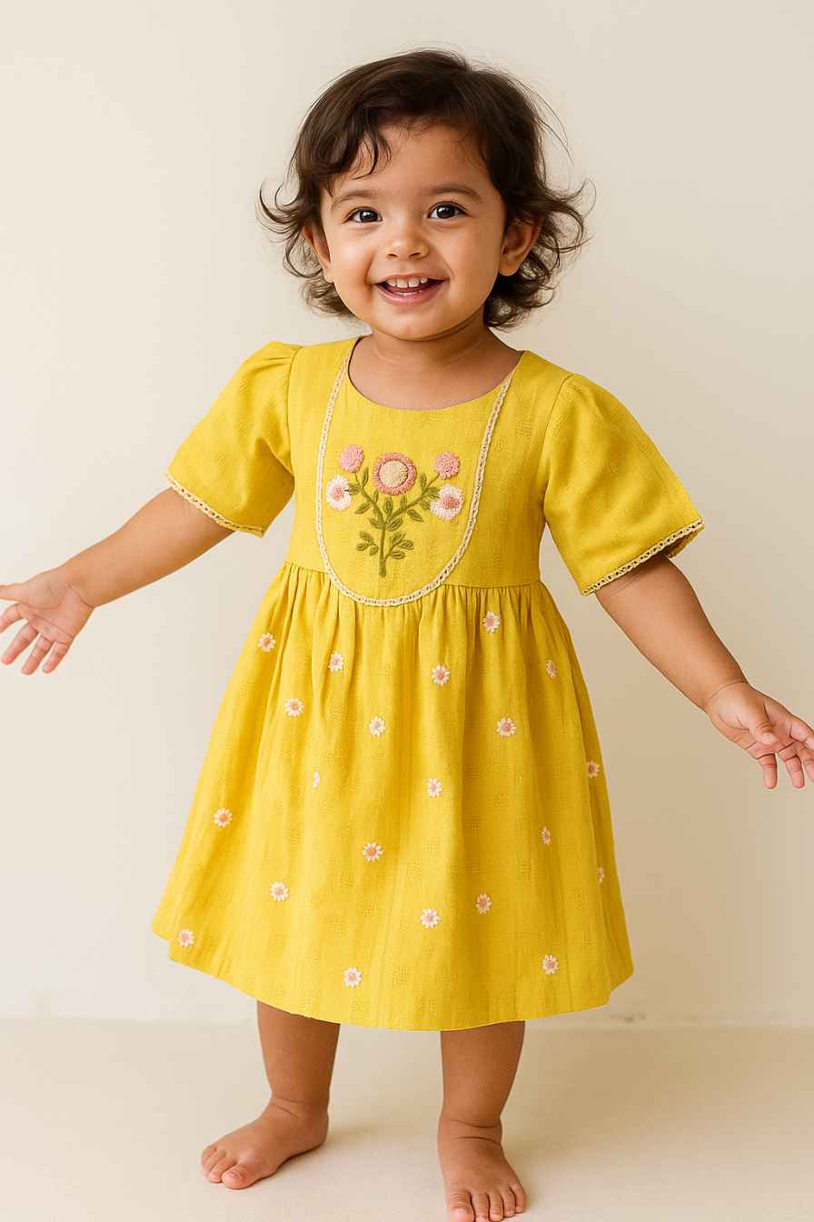 Mustard Yellow Cotton Embroidered Dress For Girls
