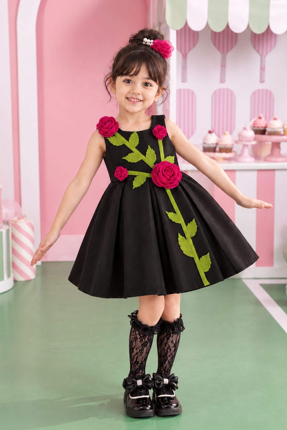 Girls Black 3D Rose Applique Party Wear Frock