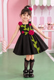Girls Black 3D Rose Applique Party Wear Frock