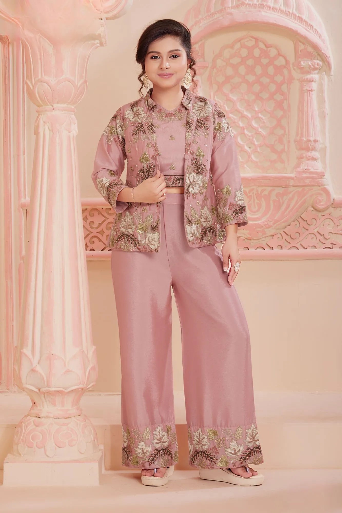 Pink Embroidered Jacket Palazzo Set for Girls