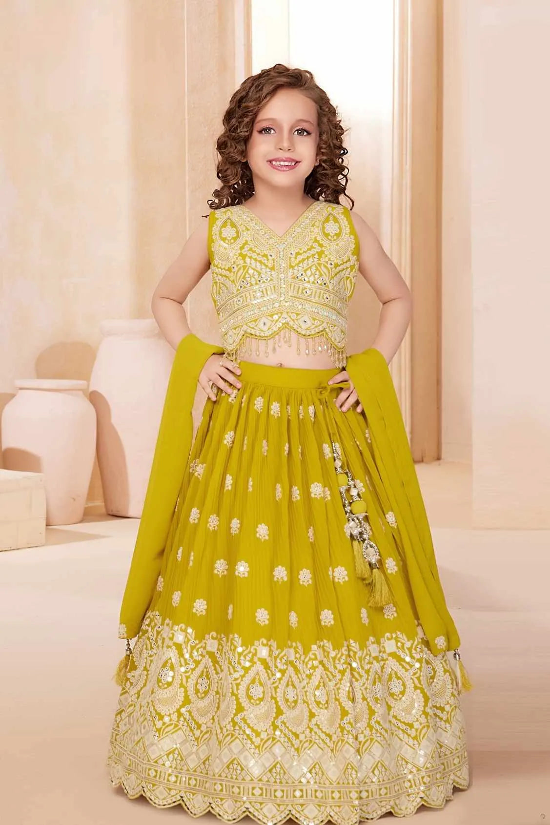 Yellow Embroidered Lehenga Choli Set With Dupatta for Girls