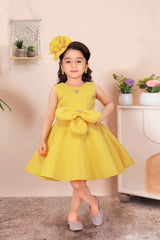 Yellow Sleeveless With Bow Embellishment And Stone Frock For Girls