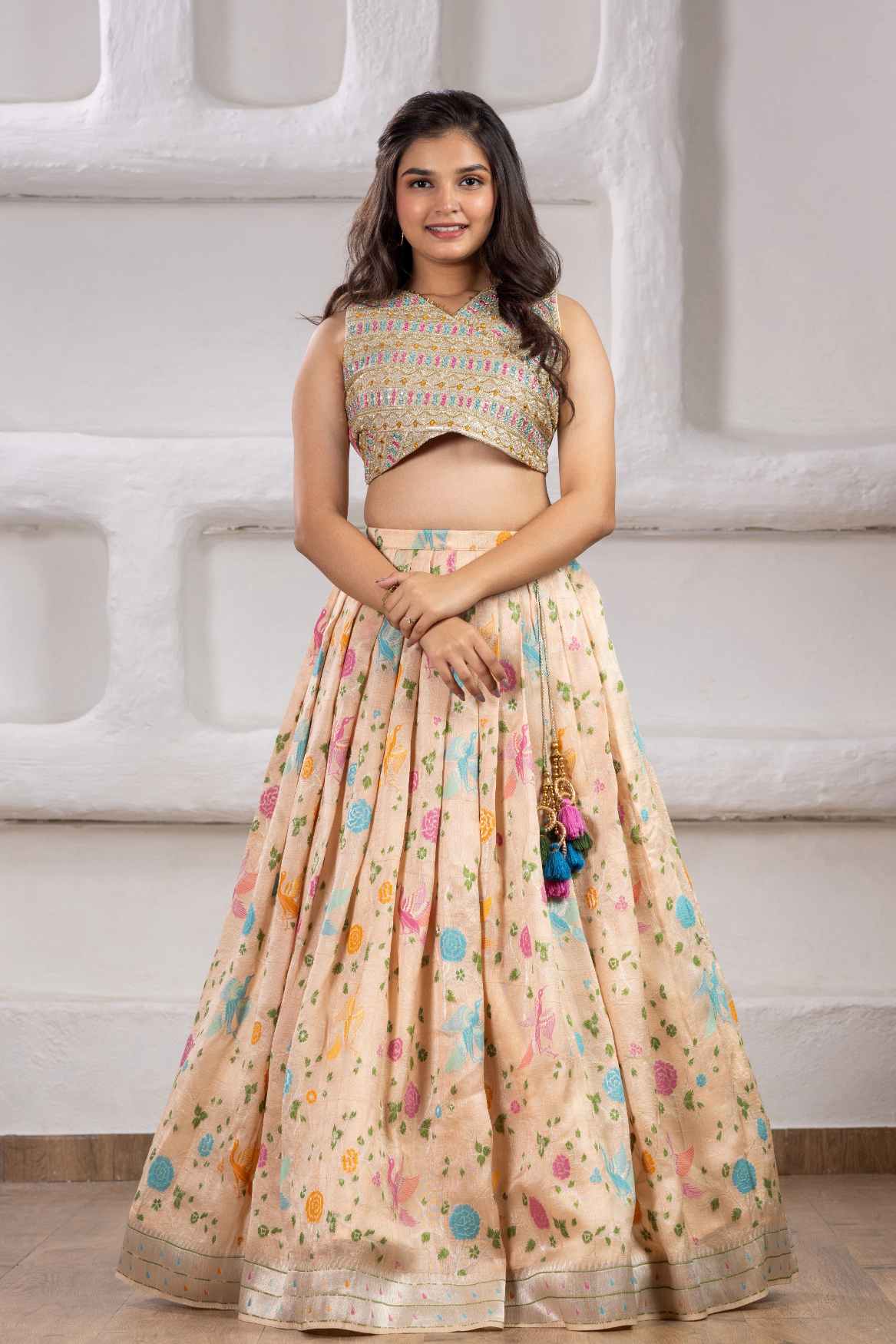 Beige Banarasi Mirror And Embroidery Work Lehenga Choli Set For Girls