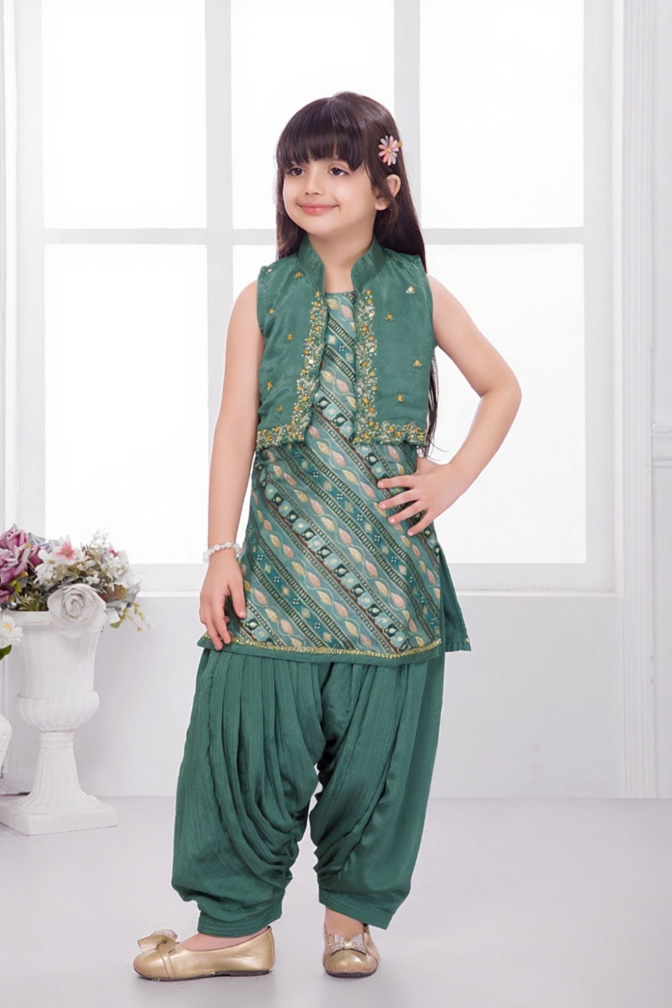 Green Printed Patiala Set with Embroidered Jacket For Girls