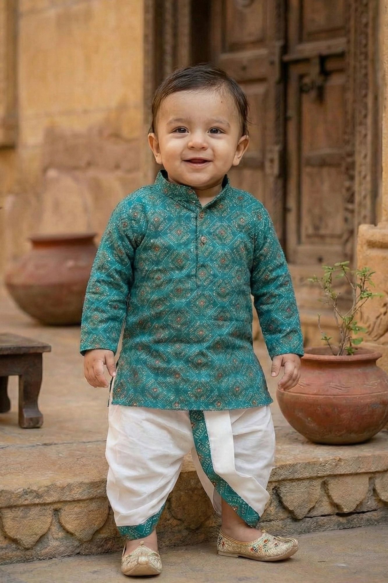 Teal Ethnic Printed Kurta Dhoti Set for Boys