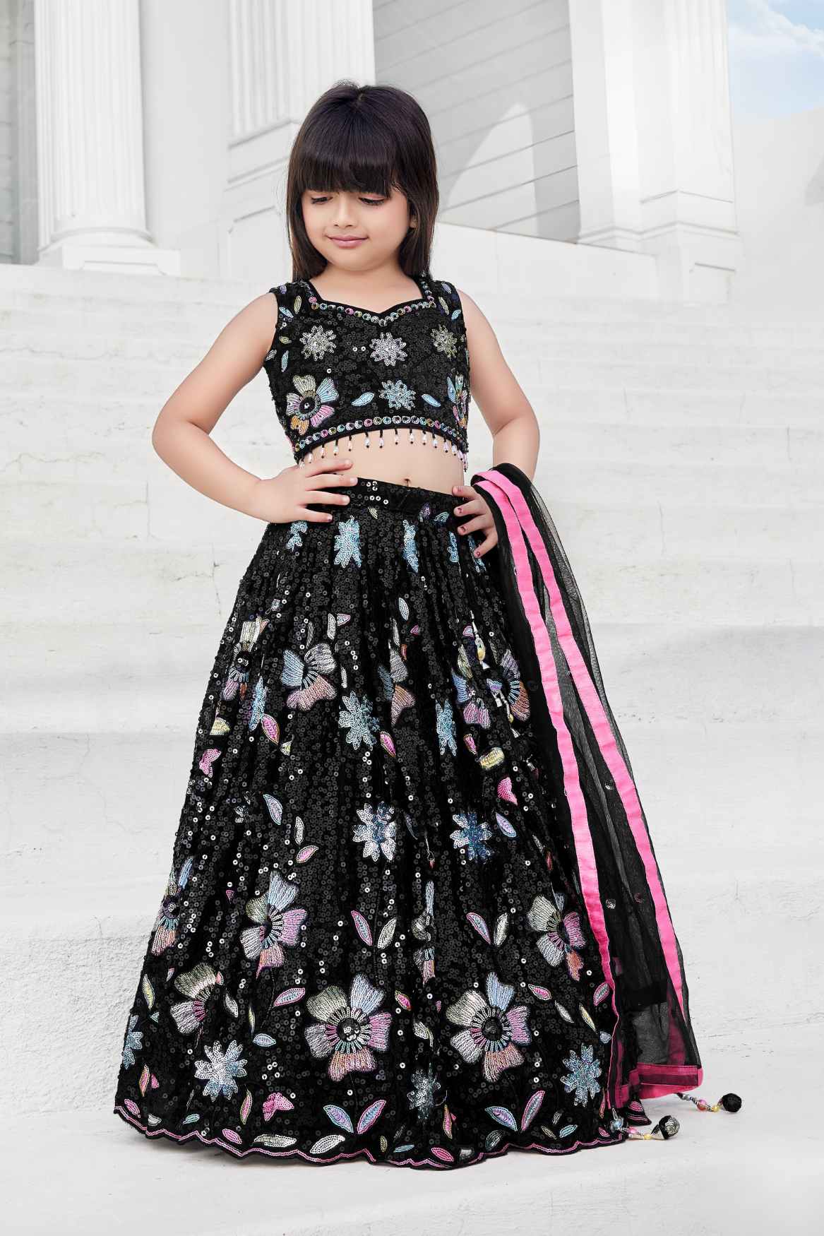 Black Sequins Work And Bead Work Lehenga Choli For Girls