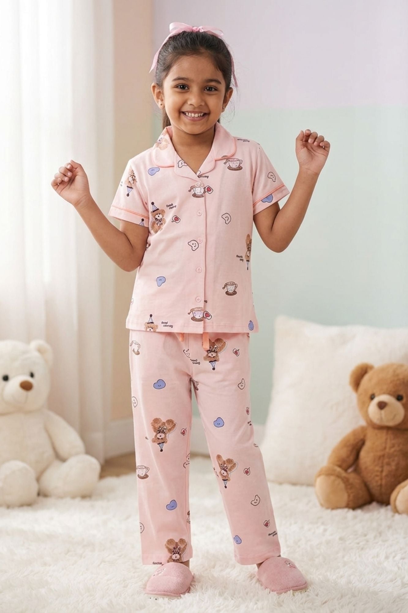 Girls Pink Teddy Print Night Suit Set