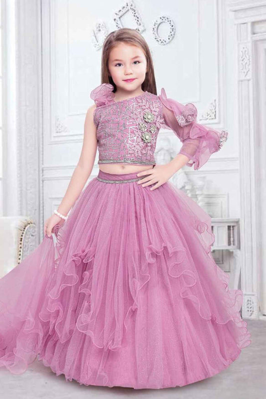 Pink Sequin Ghagra-Choli Set With Floral Embellishments For Girl