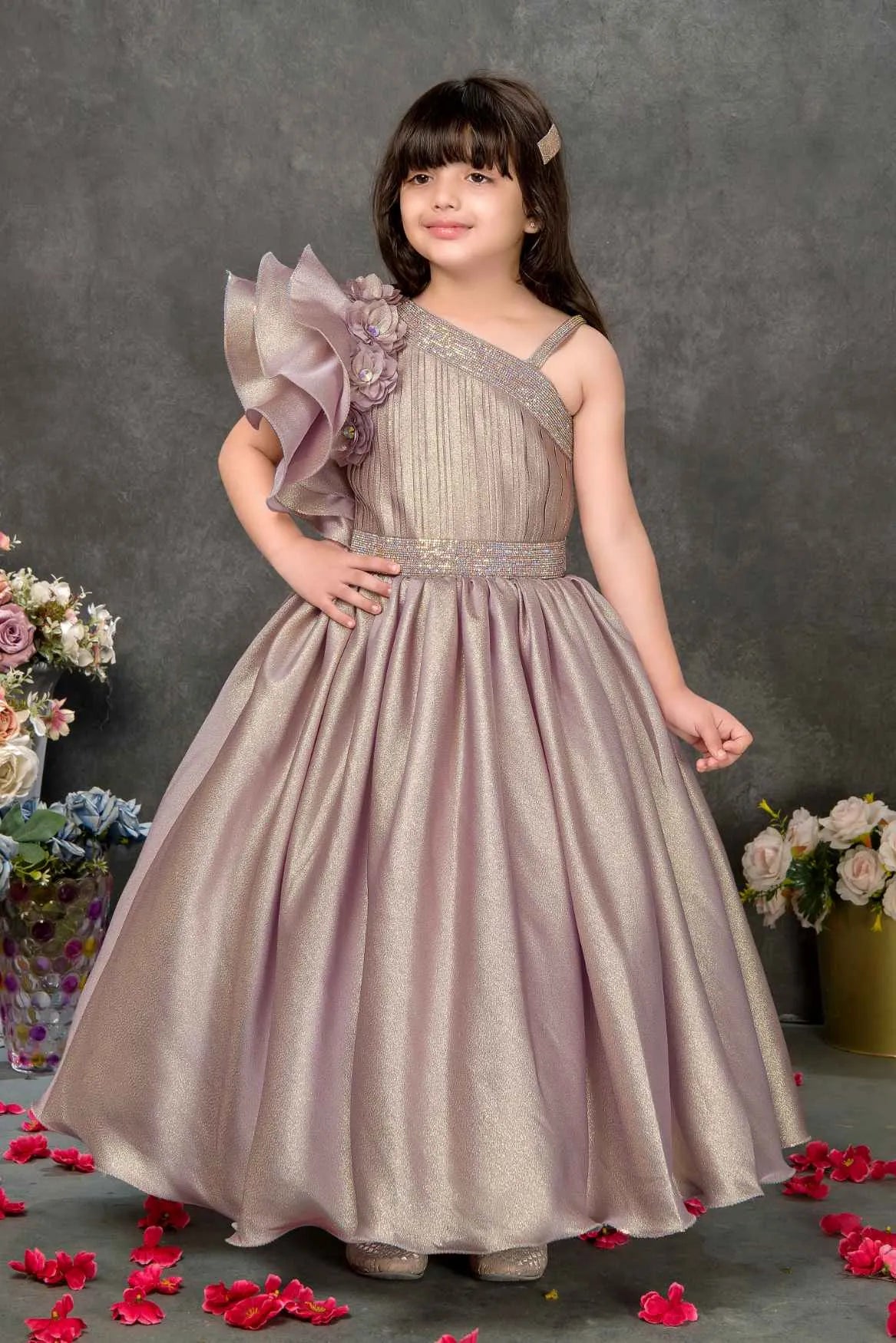 Dusky Pink Floral Embellished Party Gown For Girls