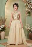 Girls Cream Sequin Halter Crop Top with Palazzo Set