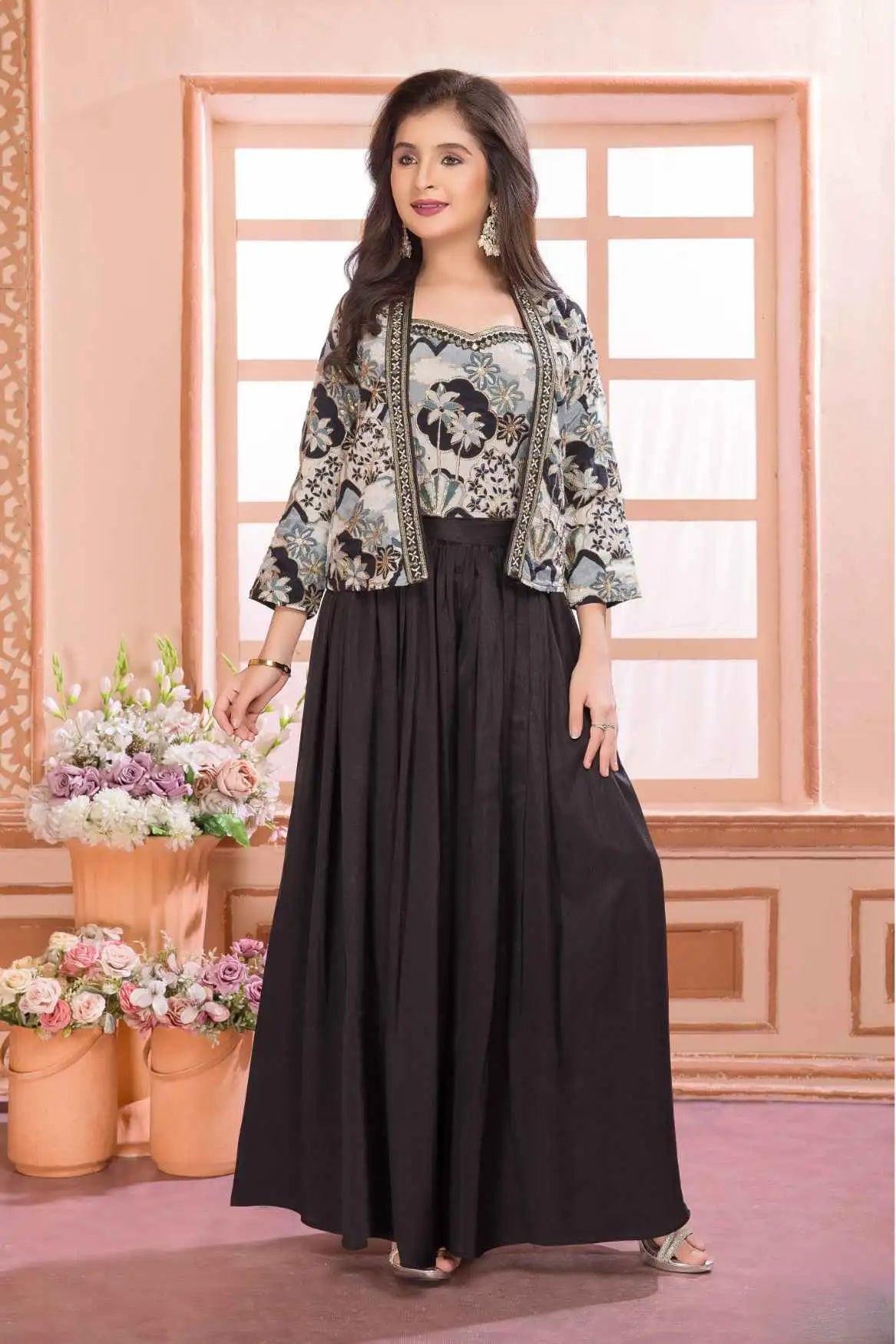 Black Palazzo Set With Embroidered Top And Jacket For Girls