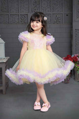 Yellow And Lavender Party Wear Frock With Sequin Work For Girls