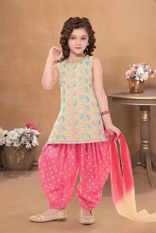Multicolor Embroidered Patiala Set With Embroidered Kurti And Dupatta For Girls