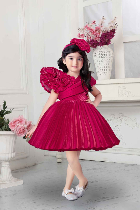 Designer Red Satin Frock With Floral Embellishment For Girls