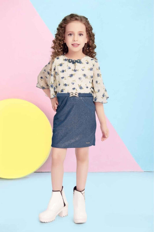 Stylish Blue Printed Dress With Frill Sleeves For Girls