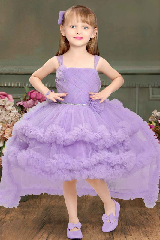 Purple Sleeveless Stone Work And Floral Embellished Tail Back Frock For Girls