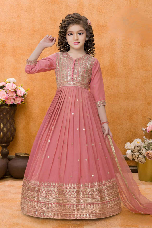 Peach Sequins Work And Zari Embroidered Ethnic Gown For Girls