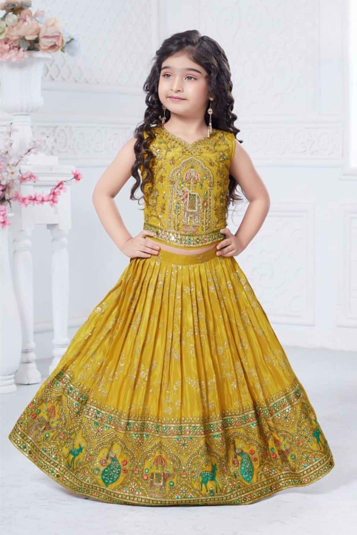 طقم ليهنغا تشولي مطرز بخرز الخردل للبنات