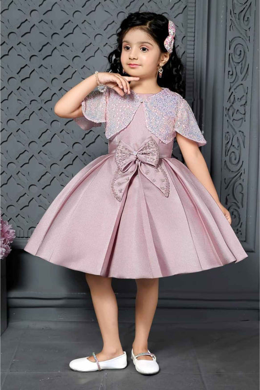 Onion Pink Bow Embellished Party Wear Frock With Sequins Work Overcoat For Girls