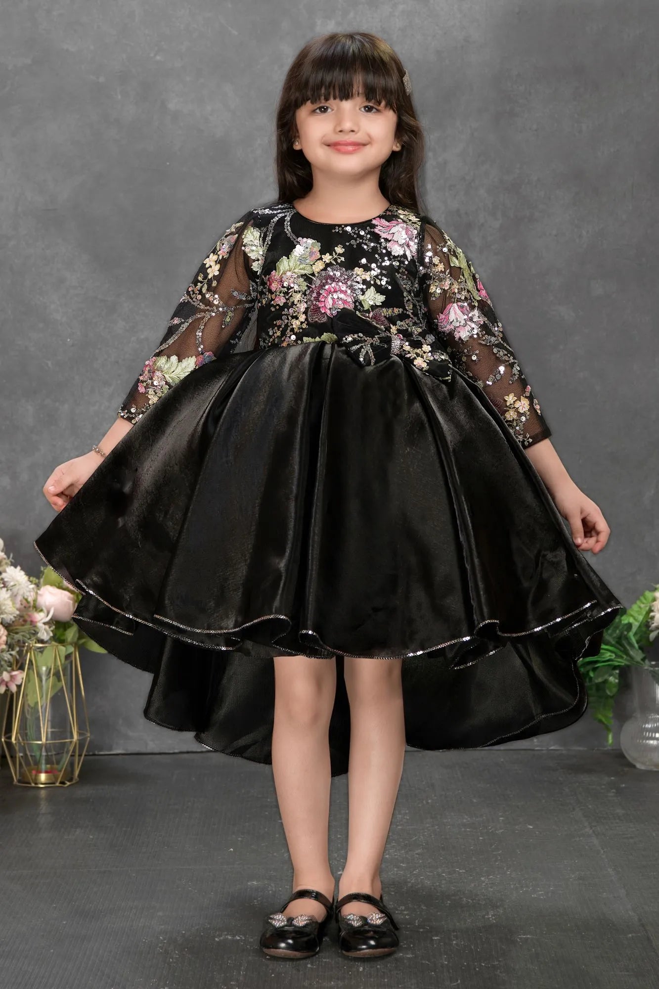 Midnight Black Floral Embroidered Tail Back Party Wear Frock For Girls