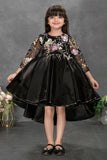 Midnight Black Floral Embroidered Tail Back Party Wear Frock For Girls