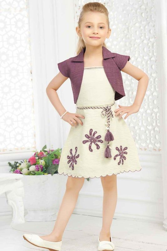 Wine And Cream Floral Patch Work Casual Dress With Overcoat For Girls