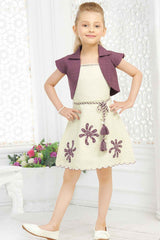 Wine And Cream Floral Patch Work Casual Dress With Overcoat For Girls
