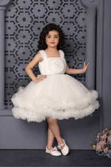 White Party Wear Frock With Floral Embellished For Girls