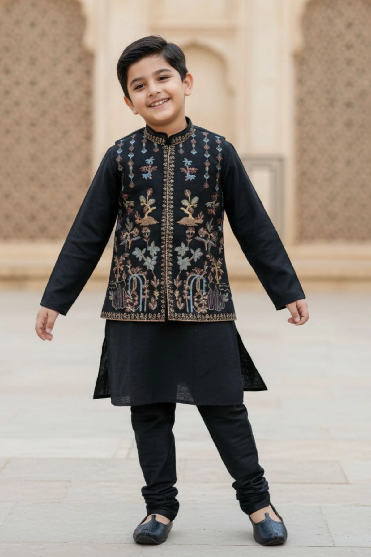 Black Kurta Pajama with Multicolored Embroidered Nehru Jacket Set For Boys