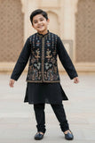 Black Kurta Pajama with Multicolored Embroidered Nehru Jacket Set For Boys
