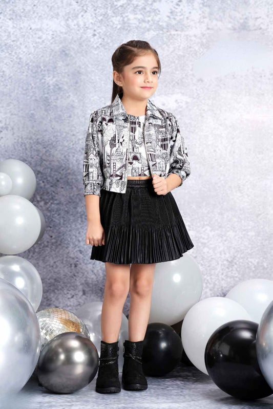 White Printed Top And Overcoat With Black Skirt For Girls