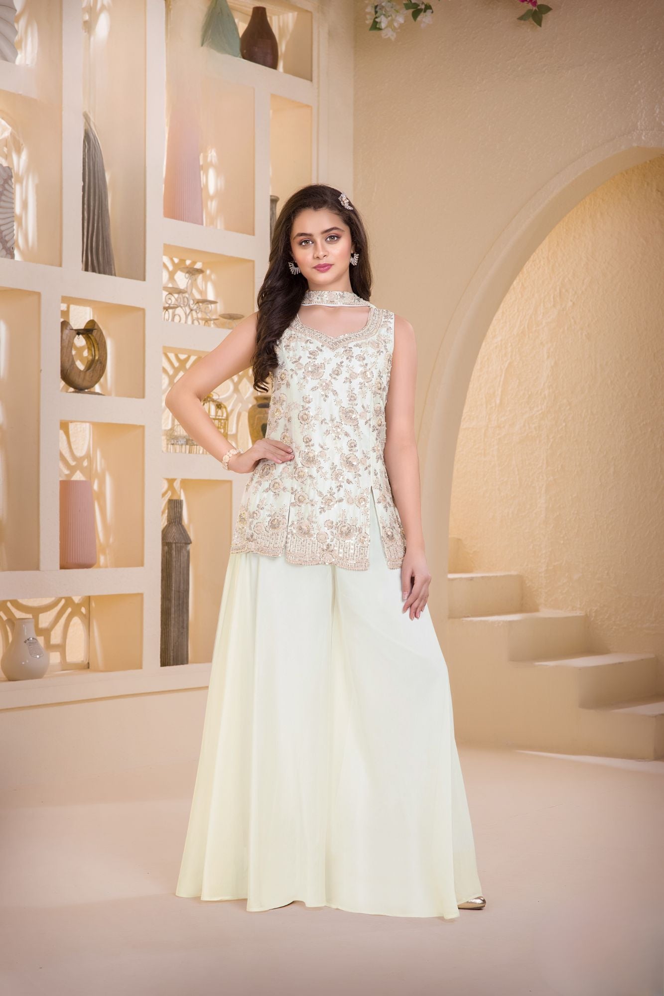 White Embroidered Georgette Palazzo Set For Girls